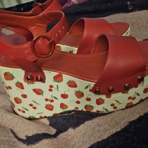 Red Platform Sandals with Strawberry Print
